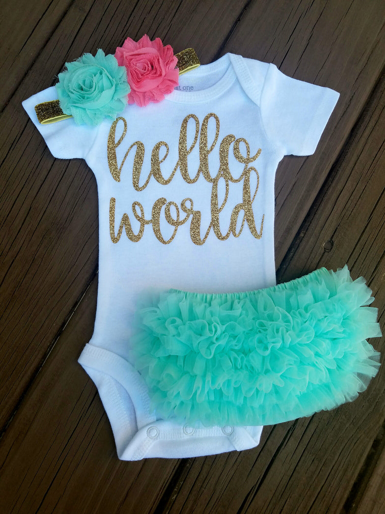 Luna Mint Coral And Gold Hello World Newborn Outfit Hello World Bodysuit Coming Home Outfit Girl - Adassa Rose