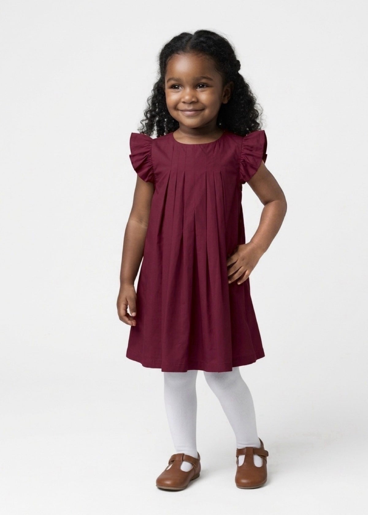 Pre-Order Ayla Pleated Flutter Sleeve Dress Baby Girl Burgundy