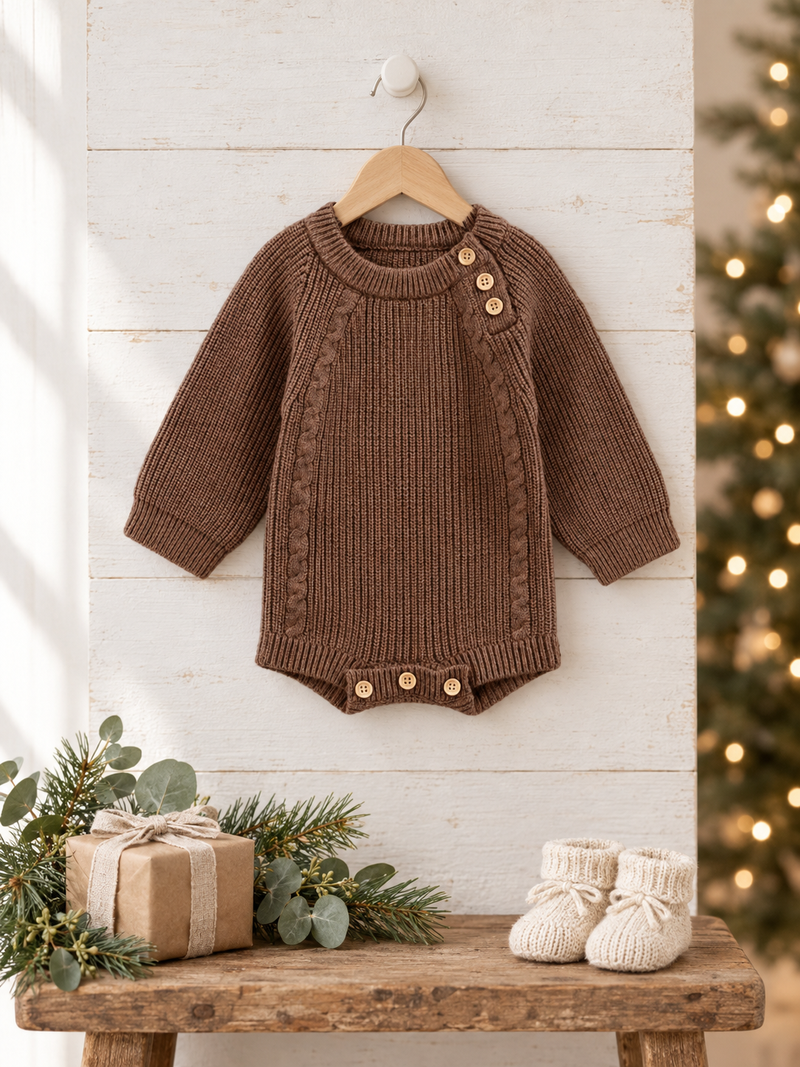 Chunky Knit Sweater Romper Baby | Nut Brown - Adassa Rose