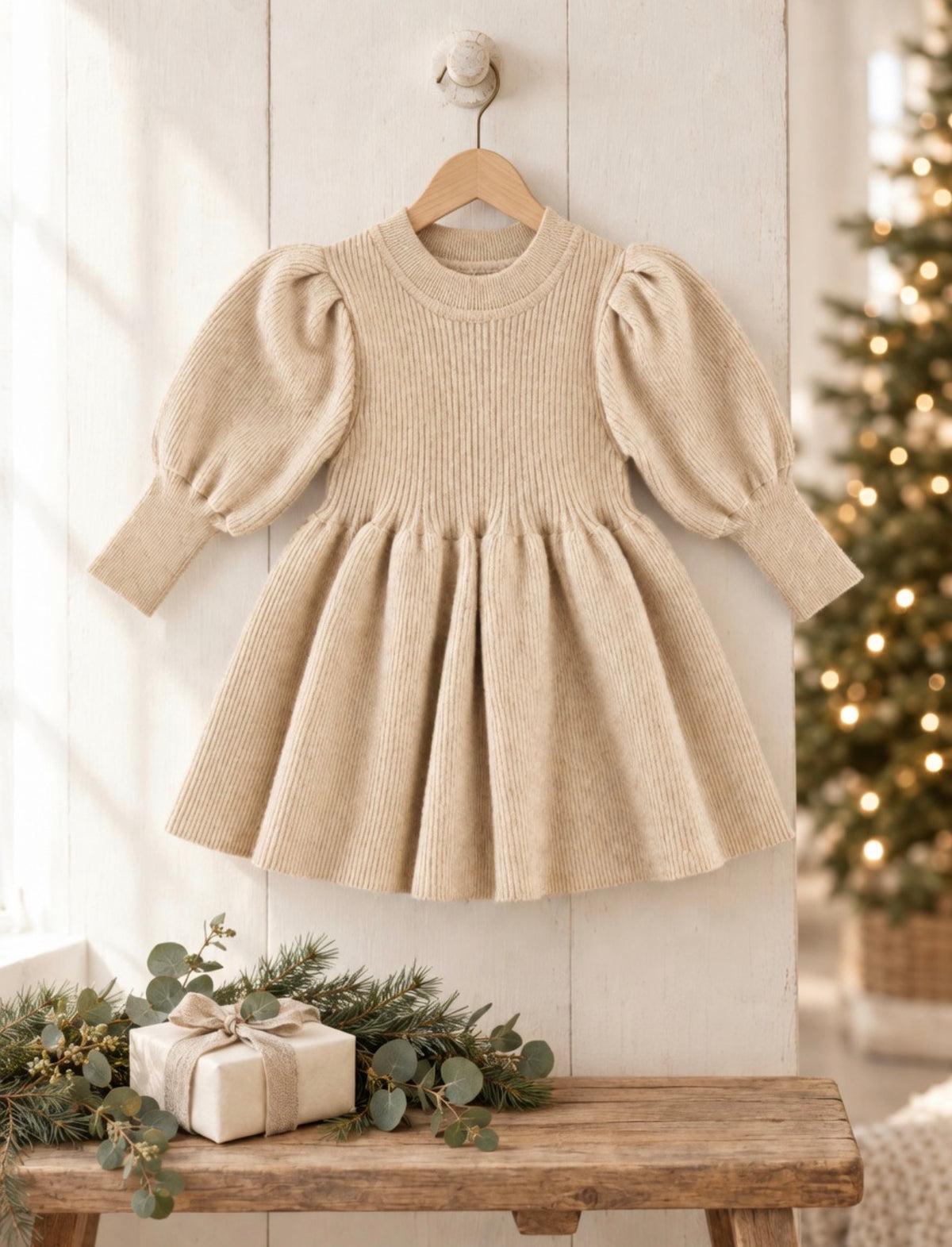 Abella Chunky Knit Sweater Dress - Beige - Adassa Rose