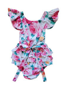 Cali Pink And White Floral Ruffle Romper Baby