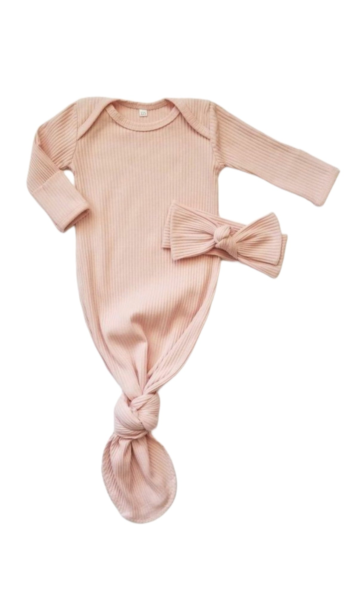 Knotted Newborn Gown And Headband Set | Ribbed Blush Pink - Adassa Rose
