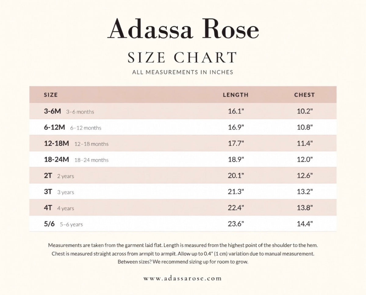 Size chart which list measurements of chest width and dress length for each size of little girl’s dress. 