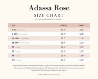 Size chart which list measurements of chest width and dress length for each size of little girl’s dress. 