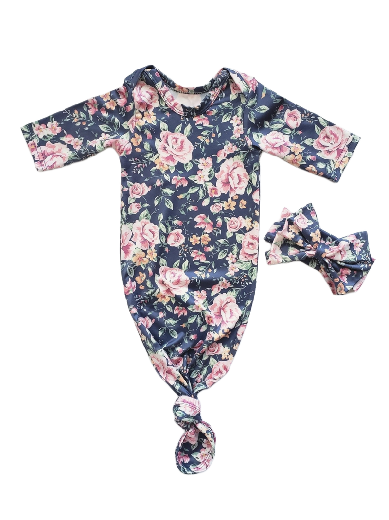 Ivy Blue And Pink Floral Newborn Knotted Gown Set | Coming Home Outfit Girl - Adassa Rose