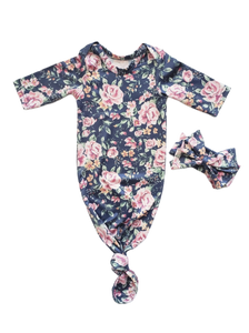 Ivy Blue And Pink Floral Newborn Knotted Gown Set | Coming Home Outfit Girl