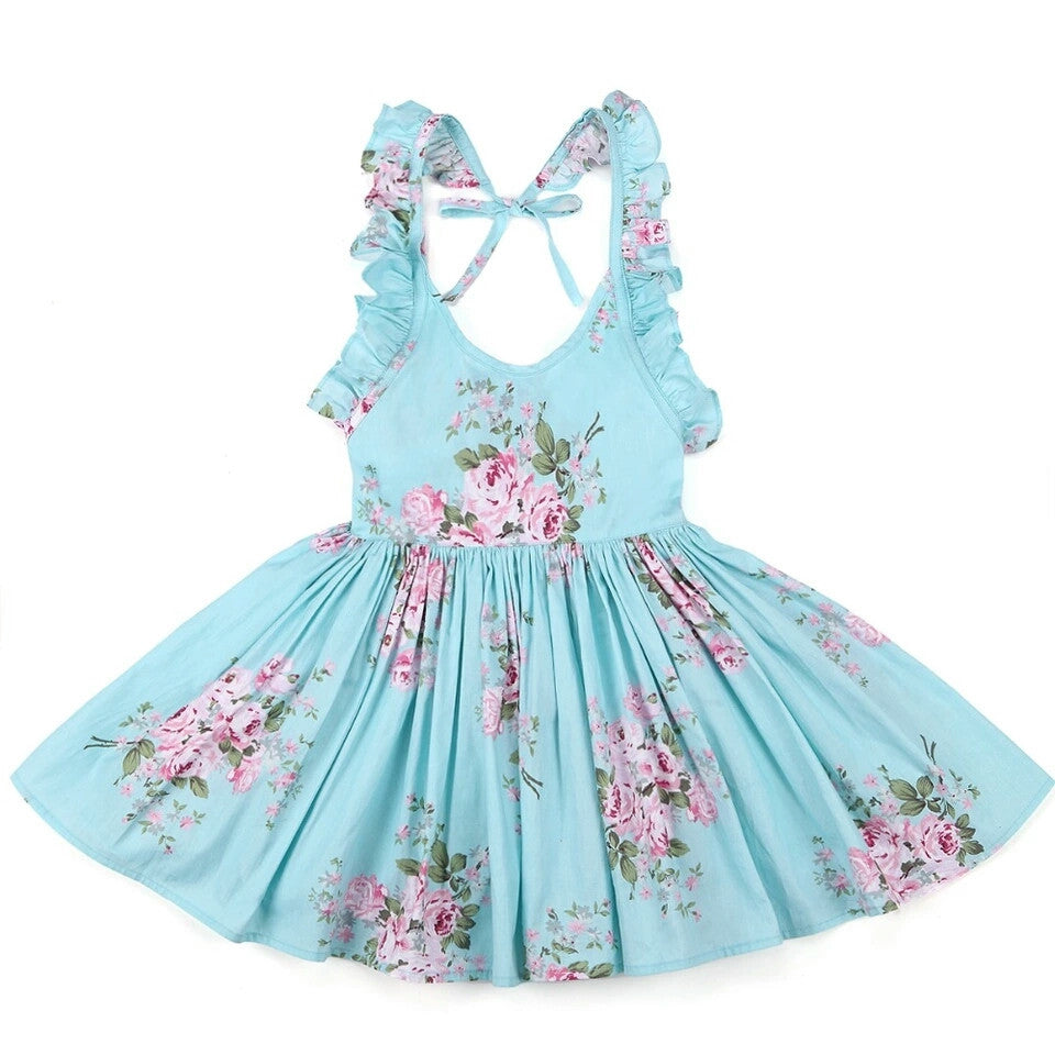 Cherie Floral Flutter Sleeve Dress Girls Aqua - Adassa Rose