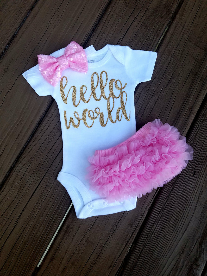 Pink And Gold Newborn Outfit Hello World Outfit Baby Girl Outfit - Adassa Rose