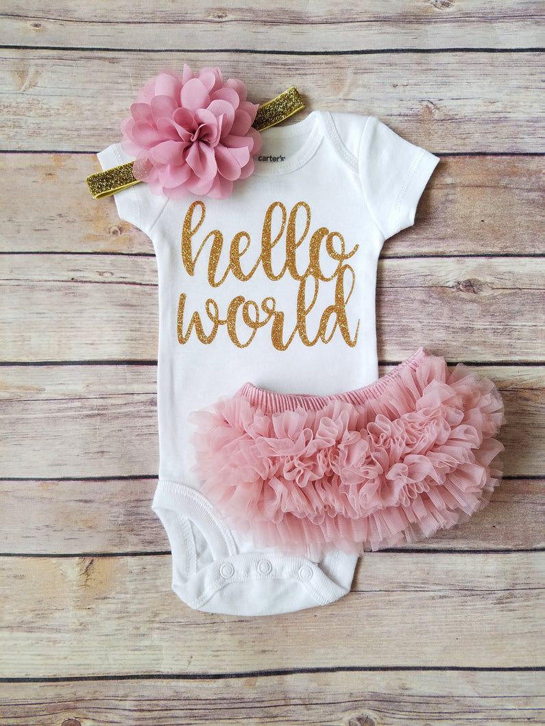 Dusty Pink And Gold Hello World Newborn Outfit Hello World Bodysuit Coming Home Outfit Girl - Adassa Rose