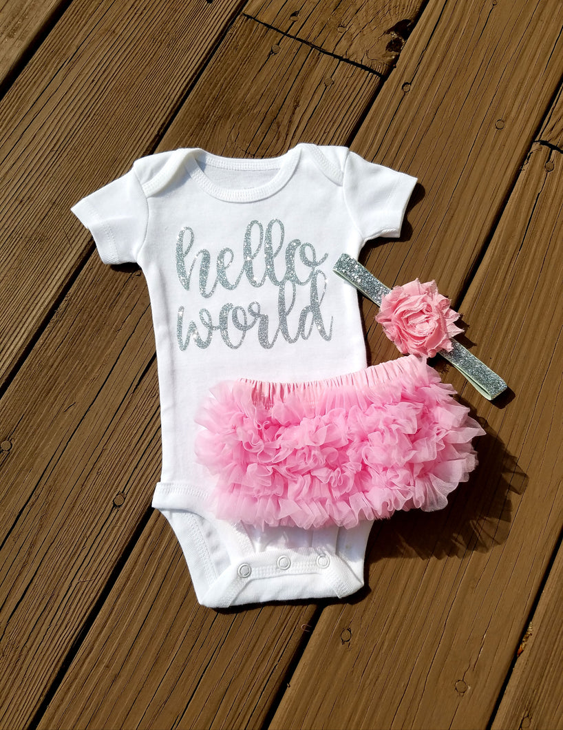 Pink And Silver Newborn Outfit Hello World Outfit Baby Girl Outfit - Adassa Rose