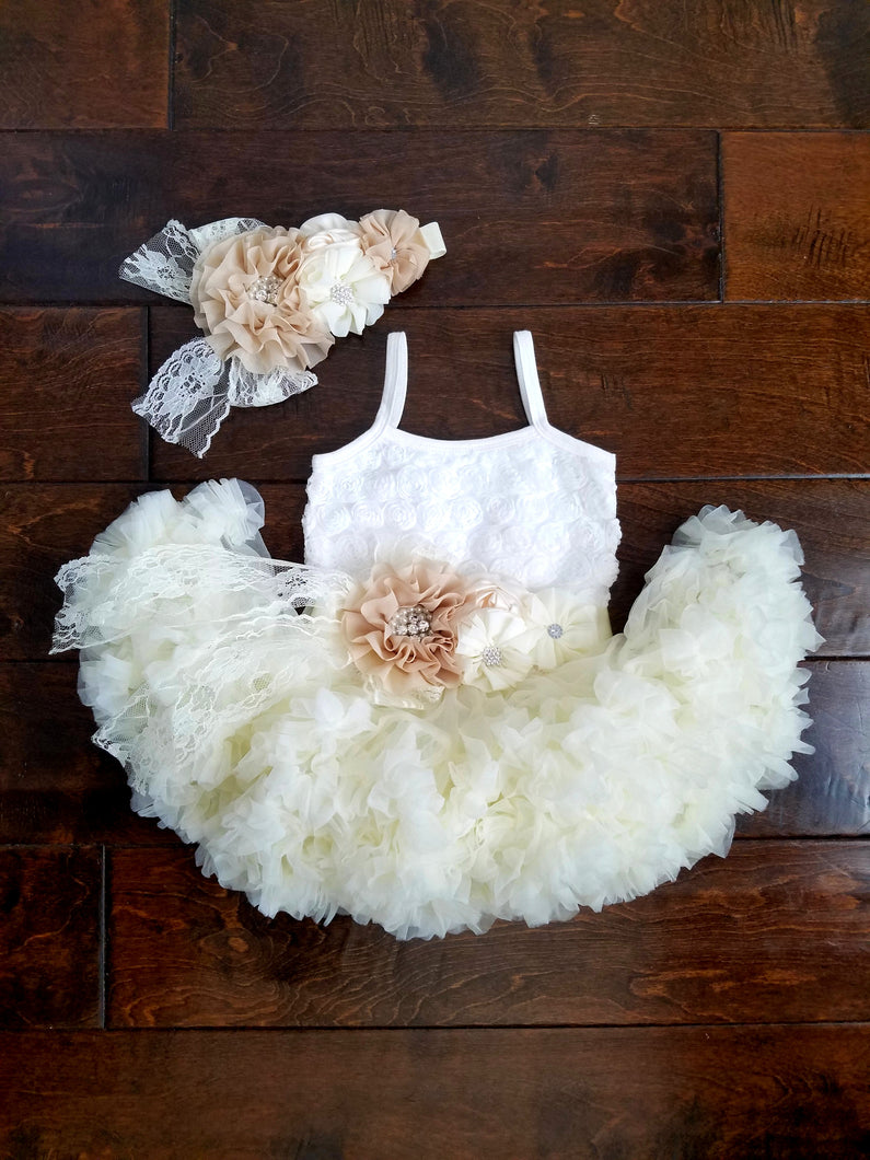 Ivory And Cream Tutu Dress And Headband Set - Adassa Rose