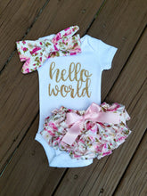 Load image into Gallery viewer, Janie Hello World Newborn Outfit Hello World Bodysuit Coming Home Outfit Girl - Adassa Rose