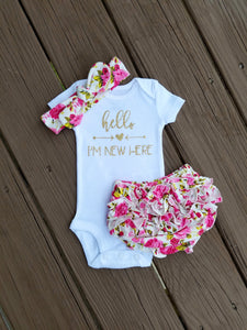 Alana Hello I'm New Here Newborn Outfit Hello World Bodysuit Coming Home Outfit Girl - Adassa Rose