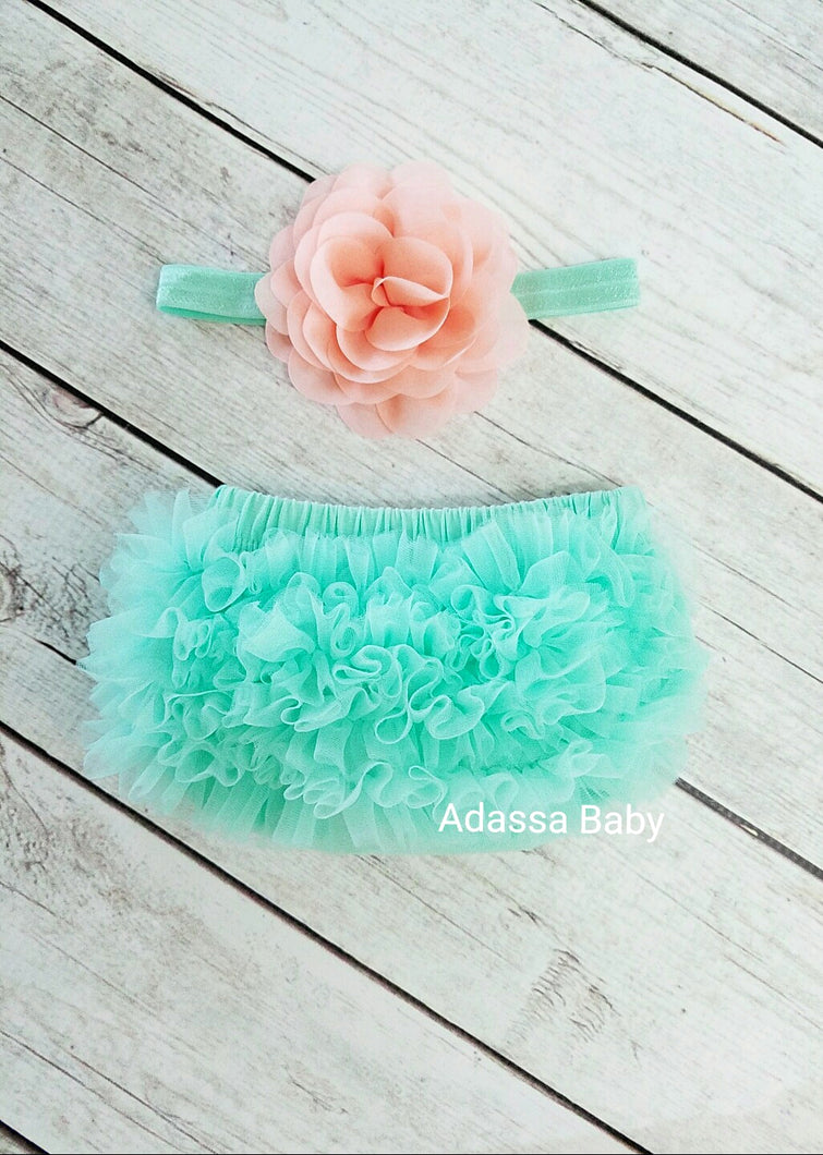 Mint And Peach Bloomer And Headband Set - Adassa Rose