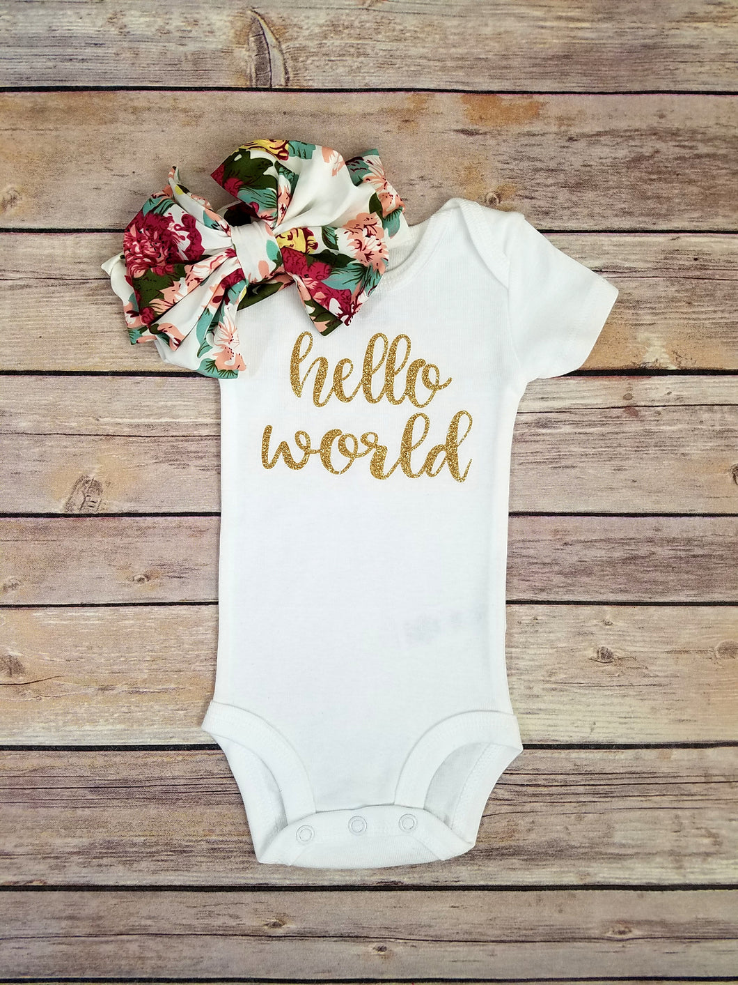 Charlie Hello World Onesie And Floral Headband Coming Home Outfit Girl - Adassa Rose