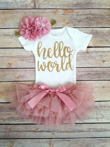 Hello World Newborn Outfit Vintage Pink And Gold - Adassa Rose