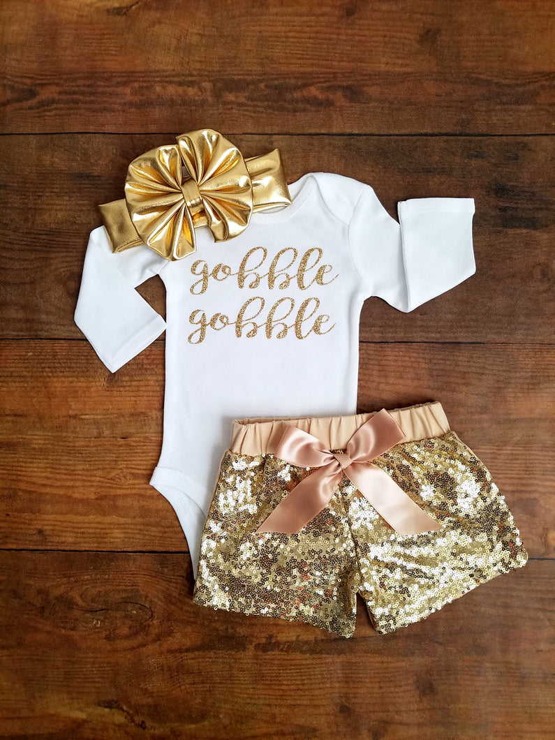 Thanksgiving Outfit Girl Gobble Gobble Outfit Girl Sequin Shorts - Adassa Rose