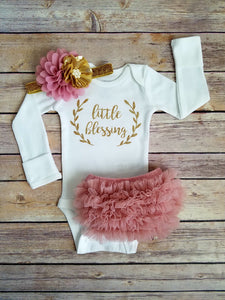Dusty Pink And Gold Little Blessing Newborn Outfit Coming Home Outfit Girl Pearl Flower - Adassa Rose