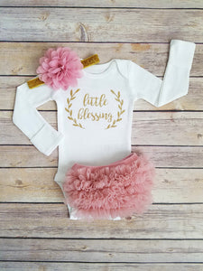 Dusty Pink And Gold Little Blessing Newborn Outfit Coming Home Outfit Girl - Adassa Rose