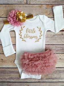 Dusty Pink And Gold Little Blessing Newborn Outfit Coming Home Outfit Girl Pearl Flower - Adassa Rose