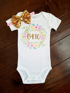 Floral Wreath First Birthday Onesie Pink And Gold - Adassa Rose