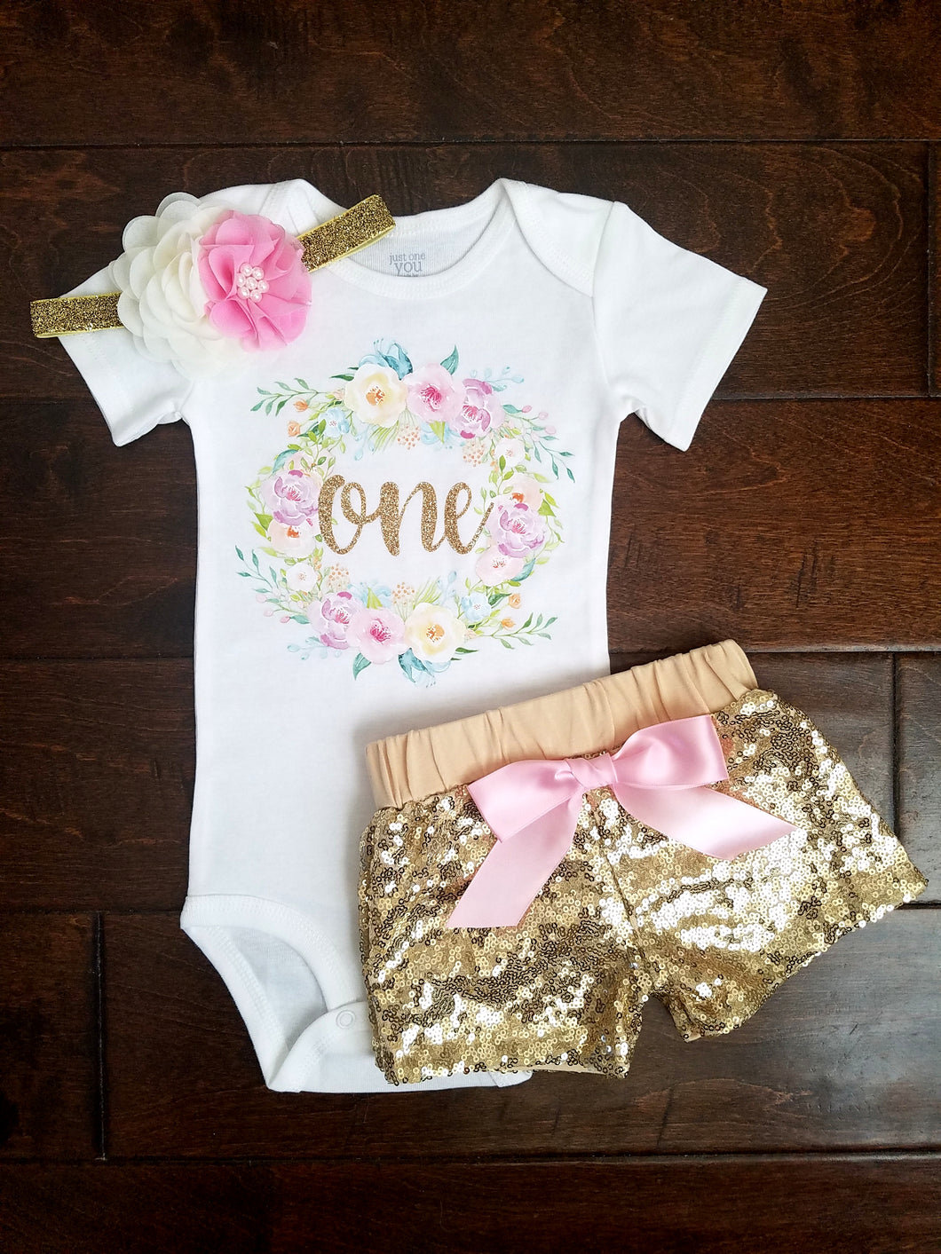 First Birthday Outfit Pink And Gold Floral Wreath - Adassa Rose