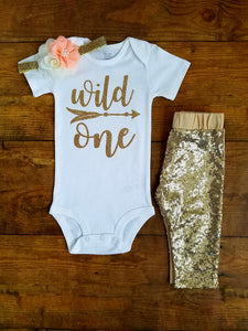 Wild One First Birthday Outfit Girl Peach And Gold Leggings - Adassa Rose