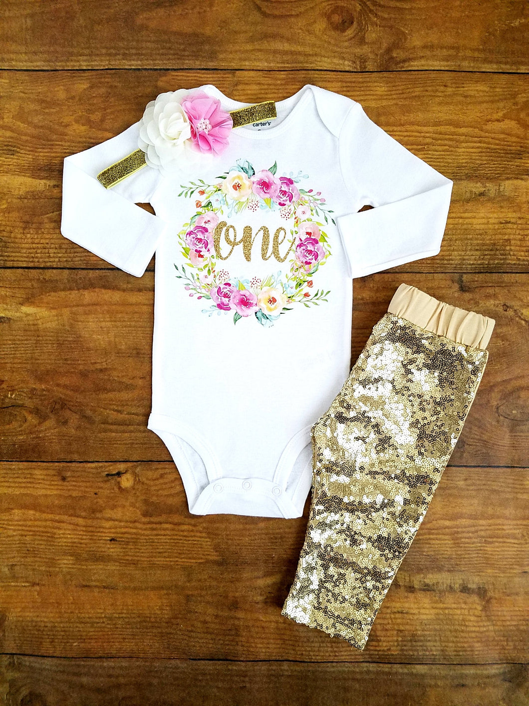 First Birthday Outfit Pink And Gold Floral Wreath Sequin Leggings - Adassa Rose