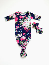 Navy Floral Newborn Knotted Gown Coming Home Outfit Girl - Adassa Rose