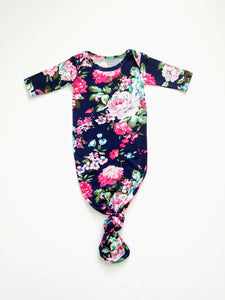 Navy Floral Newborn Knotted Gown Coming Home Outfit Girl - Adassa Rose
