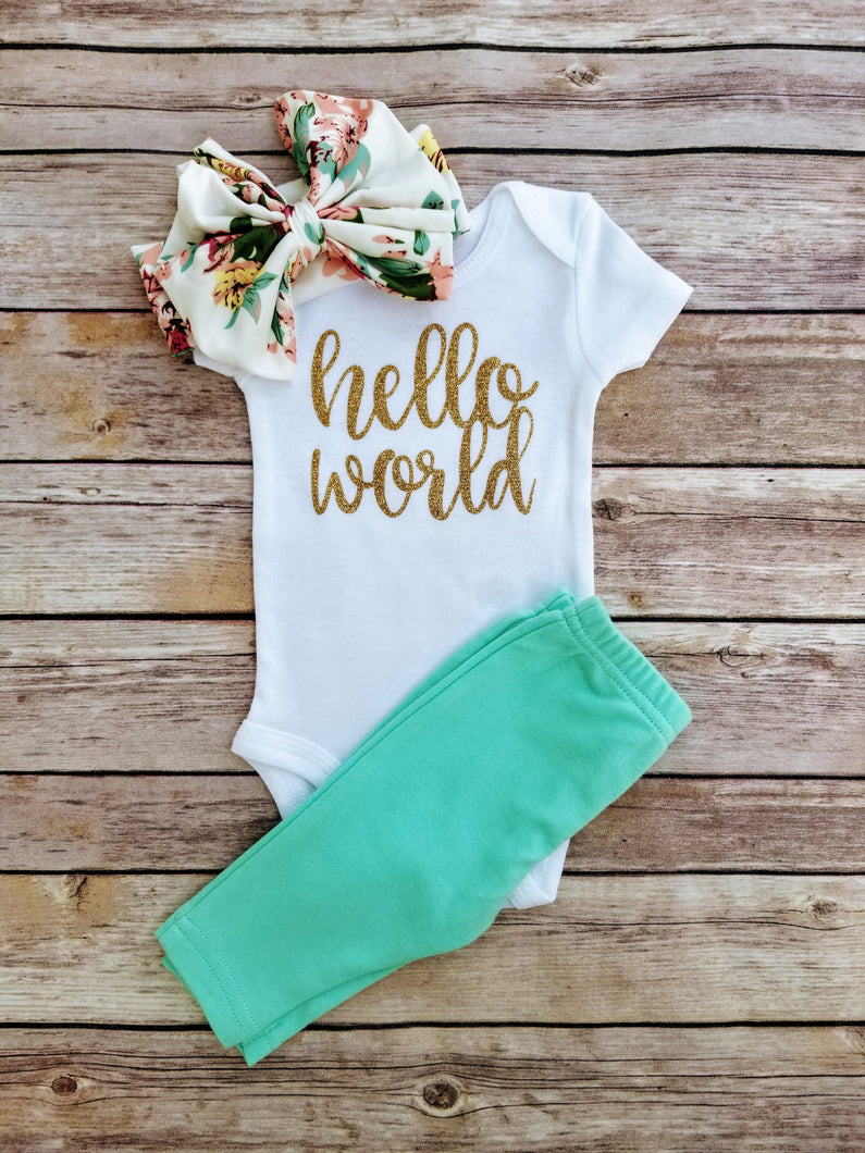 Jenna Hello World Newborn Outfit Hello World Bodysuit Coming Home Outfit Girl - Adassa Rose