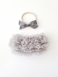 Gray Bloomer And Velvet Bow Headband Set - Adassa Rose