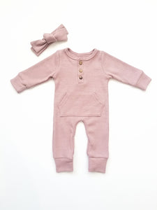 Waffle Knit Pocket Romper Set Newborn Outfit Girl Pink - Adassa Rose