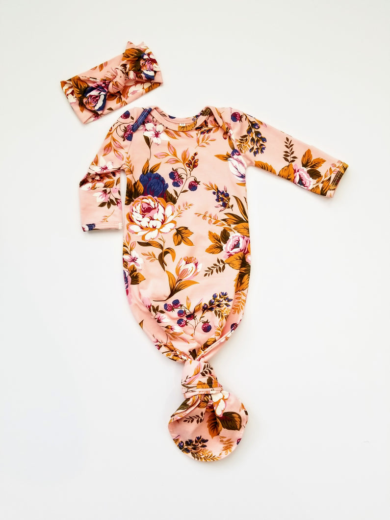 Autumn Garden Floral Newborn Knotted Gown - Adassa Rose