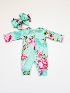 Mint Floral Long Sleeve Baby Girl Zipper Romper And Headband - Adassa Rose