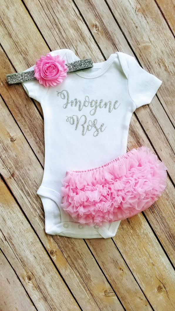 Personalized Pink And Silver Newborn Outfit Hello World Outfit Baby Girl Outfit - Adassa Rose