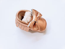 Load image into Gallery viewer, Metallic Fur Leather Moccasins | Rose Gold