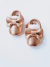 Load image into Gallery viewer, Metallic Fur Leather Moccasins | Rose Gold