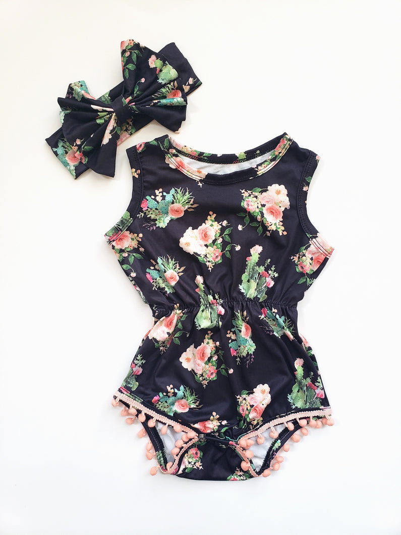 Black Floral Pom Pom Romper And Headband Set