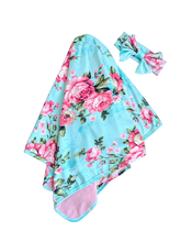Load image into Gallery viewer, Mint And Pink Floral Baby Swaddle Blanket And Headband Set Baby Blanket - Adassa Rose