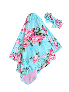 Mint And Pink Floral Baby Swaddle Blanket And Headband Set Baby Blanket - Adassa Rose