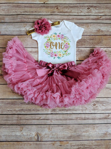 Dusty Rose And Gold First Birthday Outfit Floral Wreath - Adassa Rose