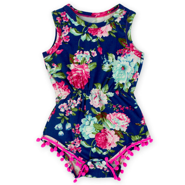 Navy Pom Pom Romper Girl - Adassa Rose
