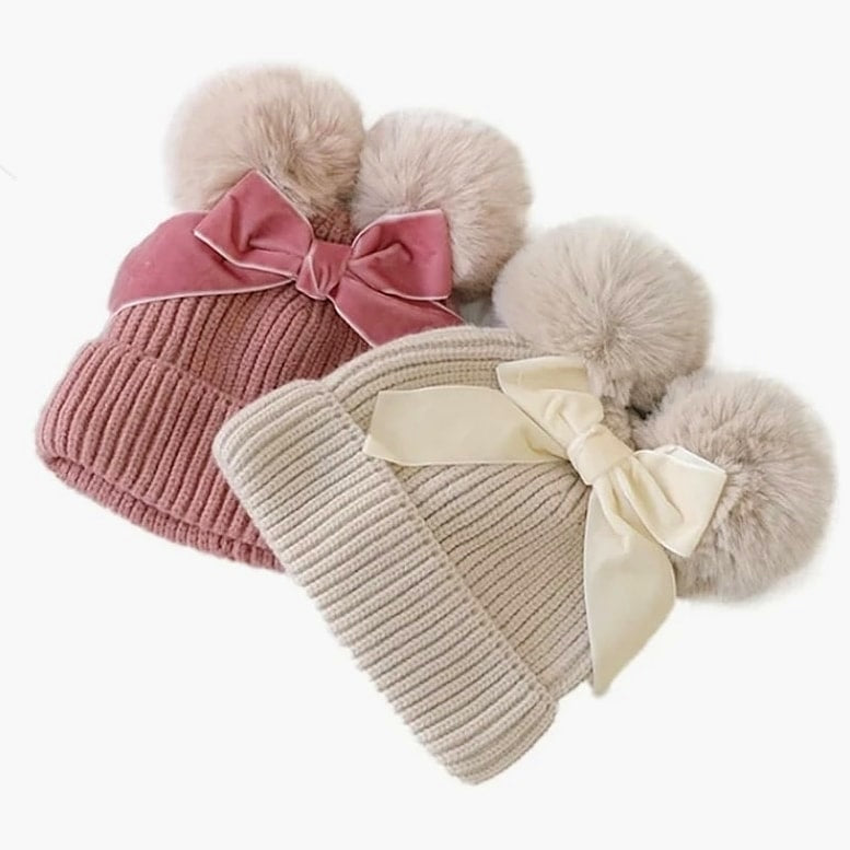 Pom Pom Bow Beanie Hat Baby Girl - Adassa Rose