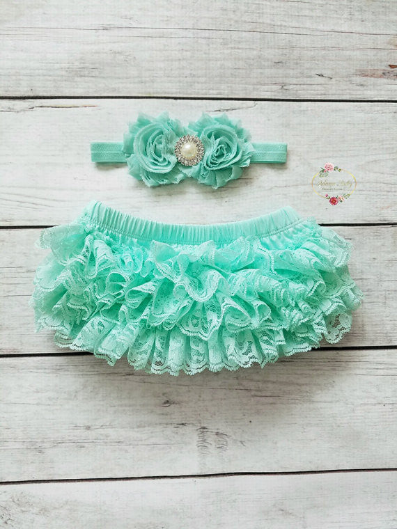 Mint Lace Ruffle Bloomer And Headband Set - Adassa Rose