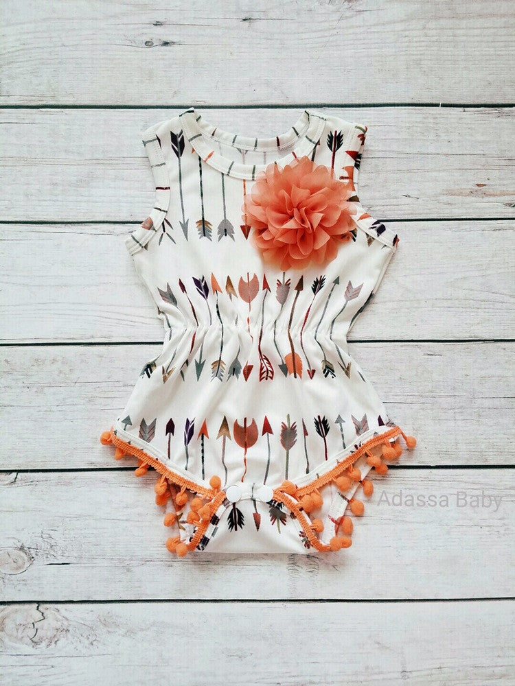 Boho Peach And Cream Pom Pom Romper Girl - Adassa Rose