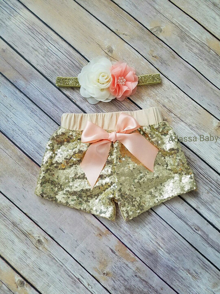 Peach And Gold Sequin Shorts And Headband Set - Adassa Rose