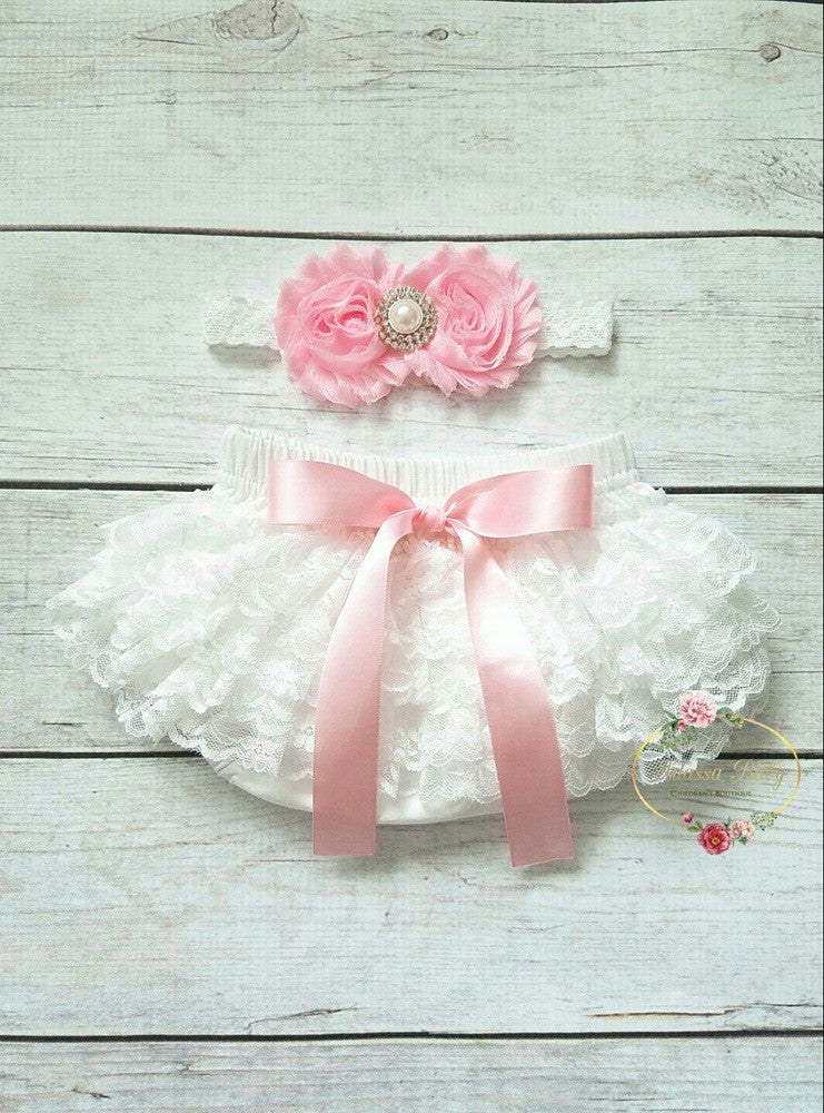Vintage Inspired Pink And White Bloomer And Headband - Adassa Rose