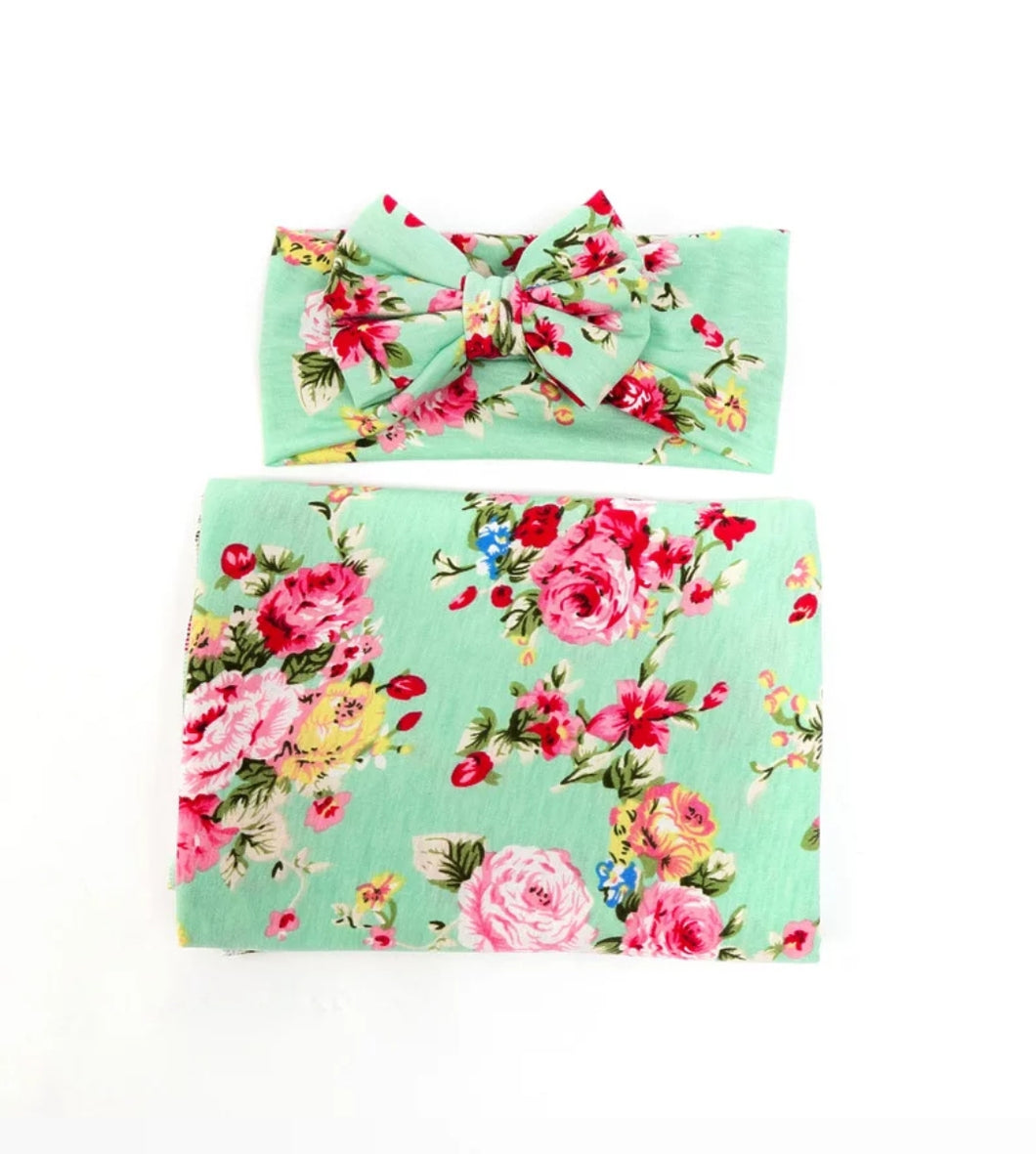 Sweet Mint And Pink Floral Swaddle Set - Adassa Rose