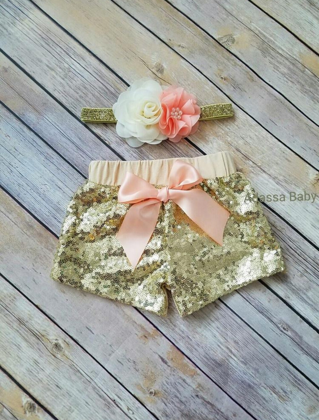 Peach And Gold Sequin Shorts - Adassa Rose